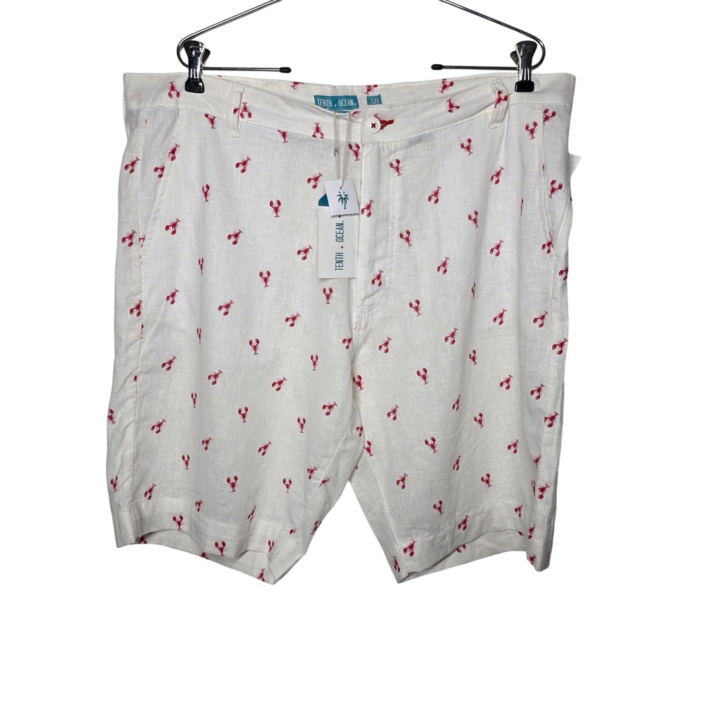 Tenth + Ocean Mens White Red Lobster Print Linen Blend Shorts Size 38 NWT